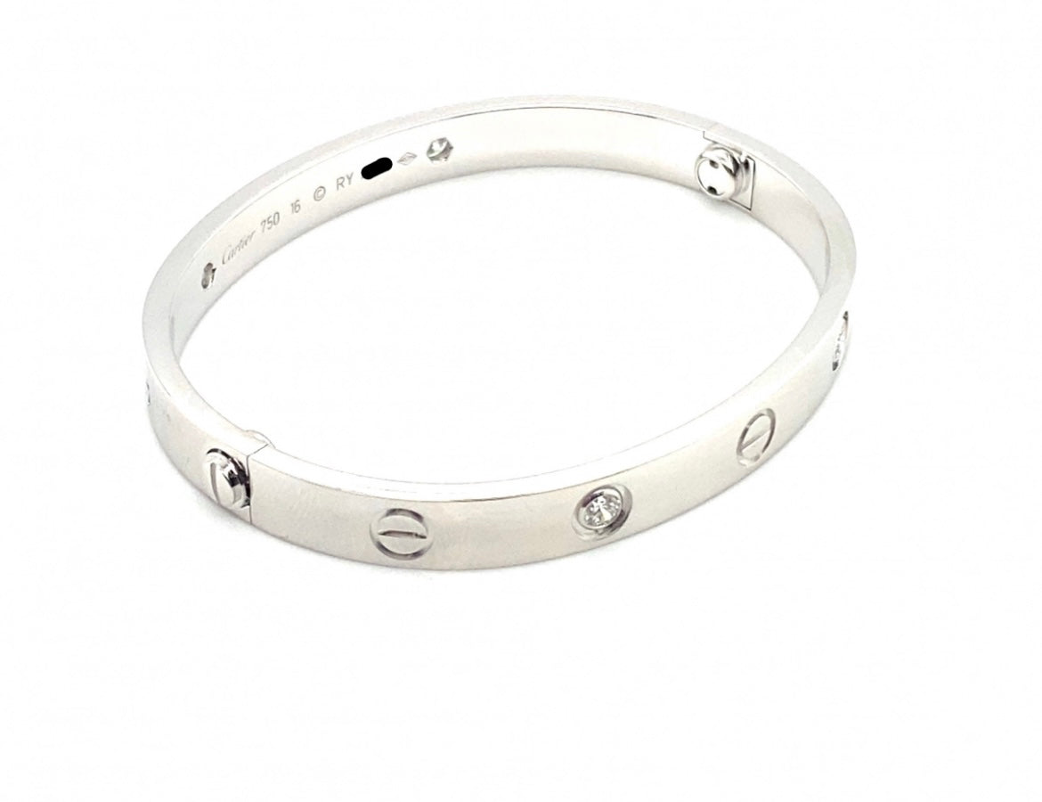 Cartier 18k White Gold 4 Diamonds love bracelet Size 16