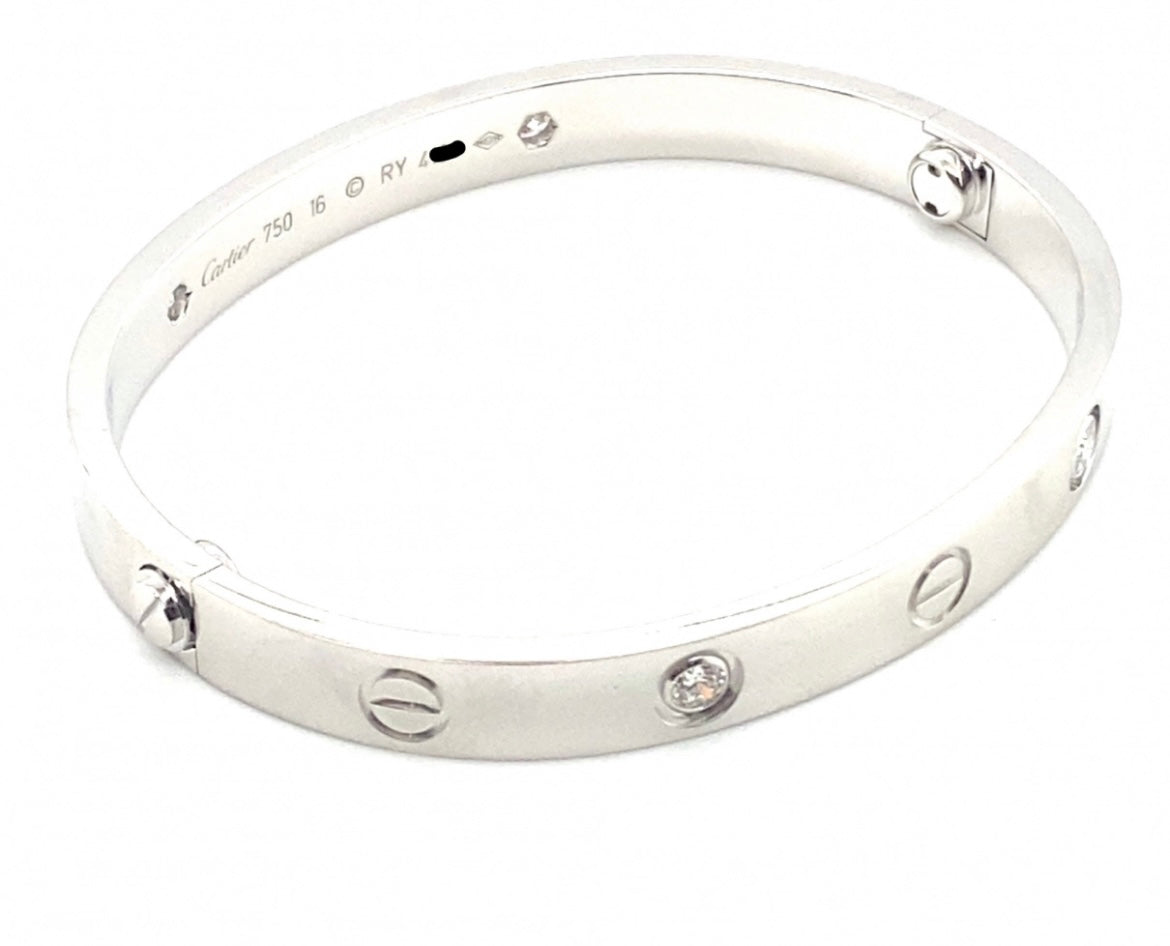 Cartier 18k White Gold 4 Diamonds love bracelet Size 16