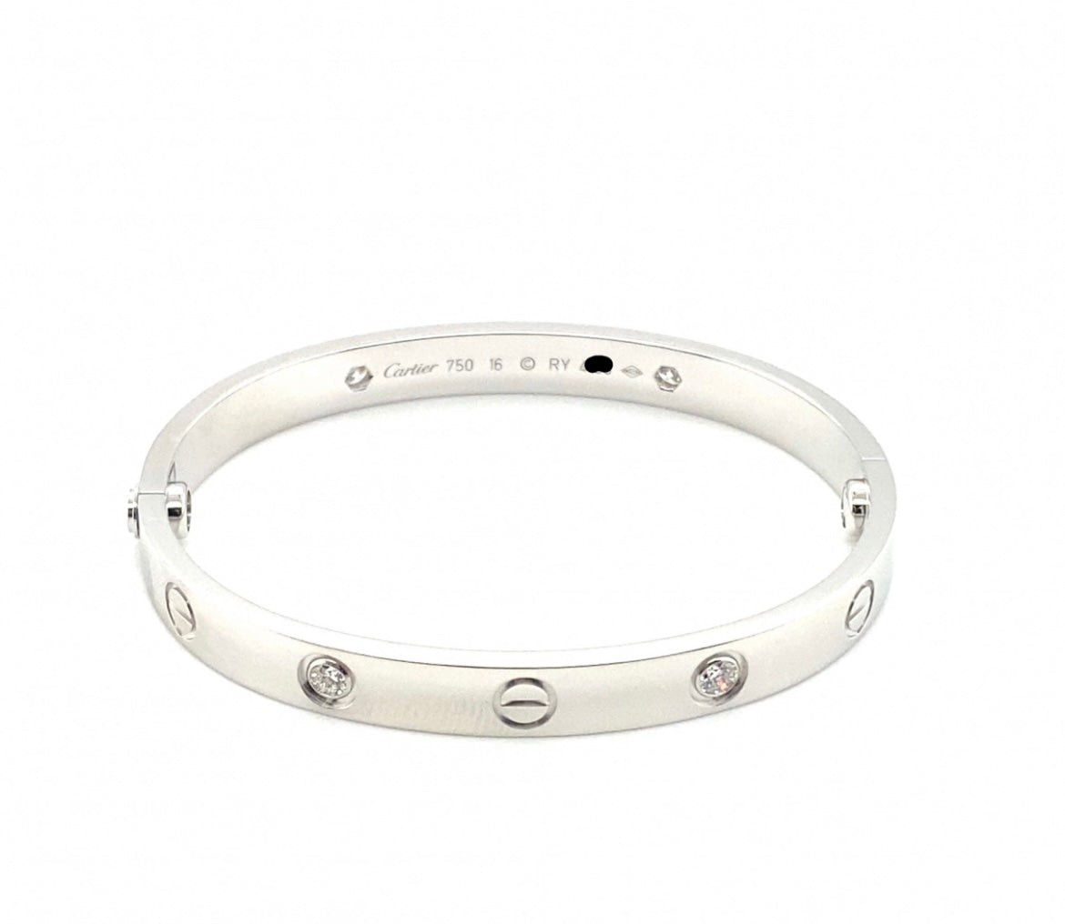 Cartier 18k White Gold 4 Diamonds love bracelet Size 16