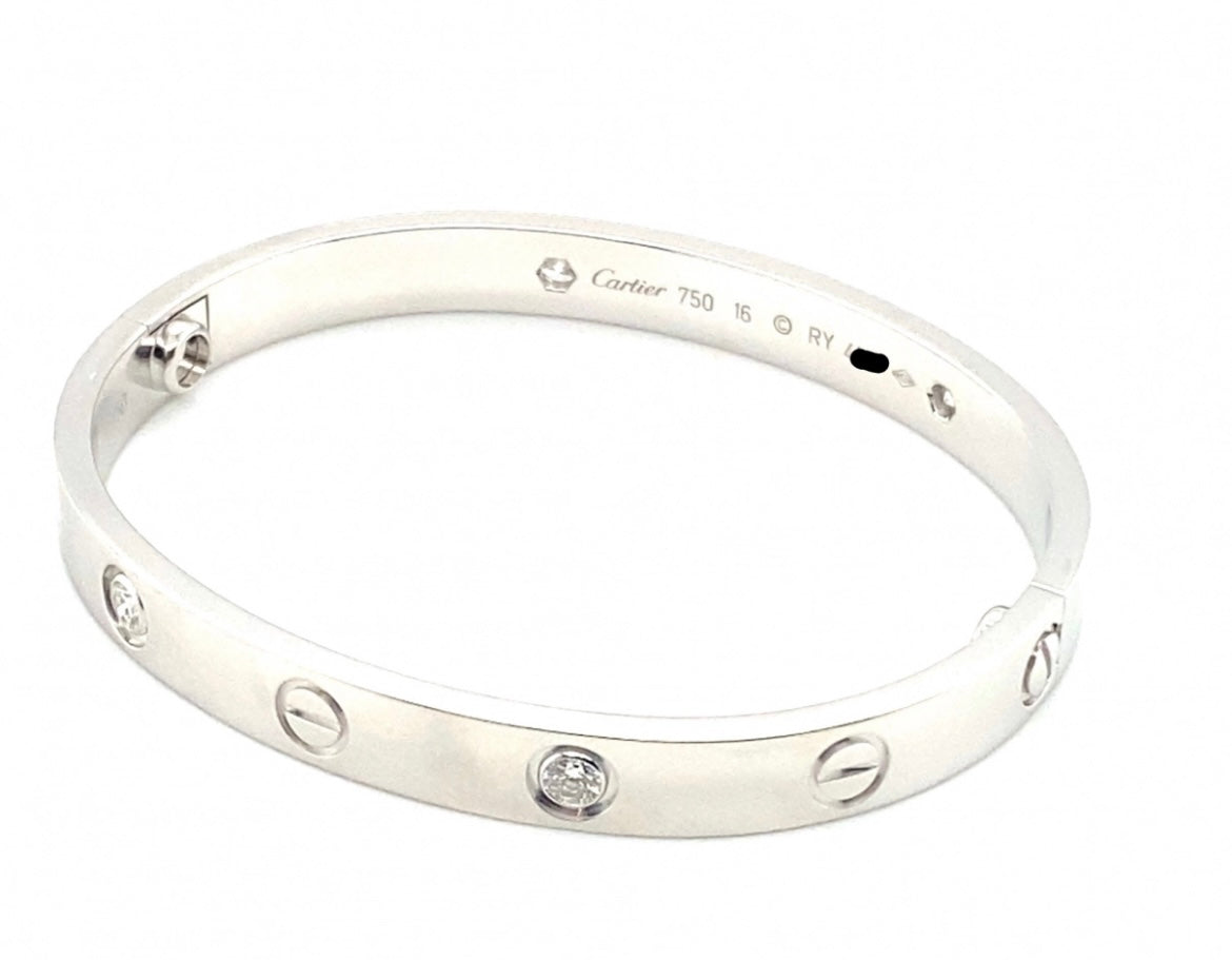 Cartier 18k White Gold 4 Diamonds love bracelet Size 16