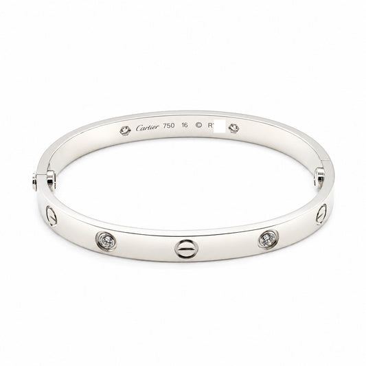 Cartier 18k White Gold 4 Diamonds love bracelet Size 16 CLASSIC MODEL