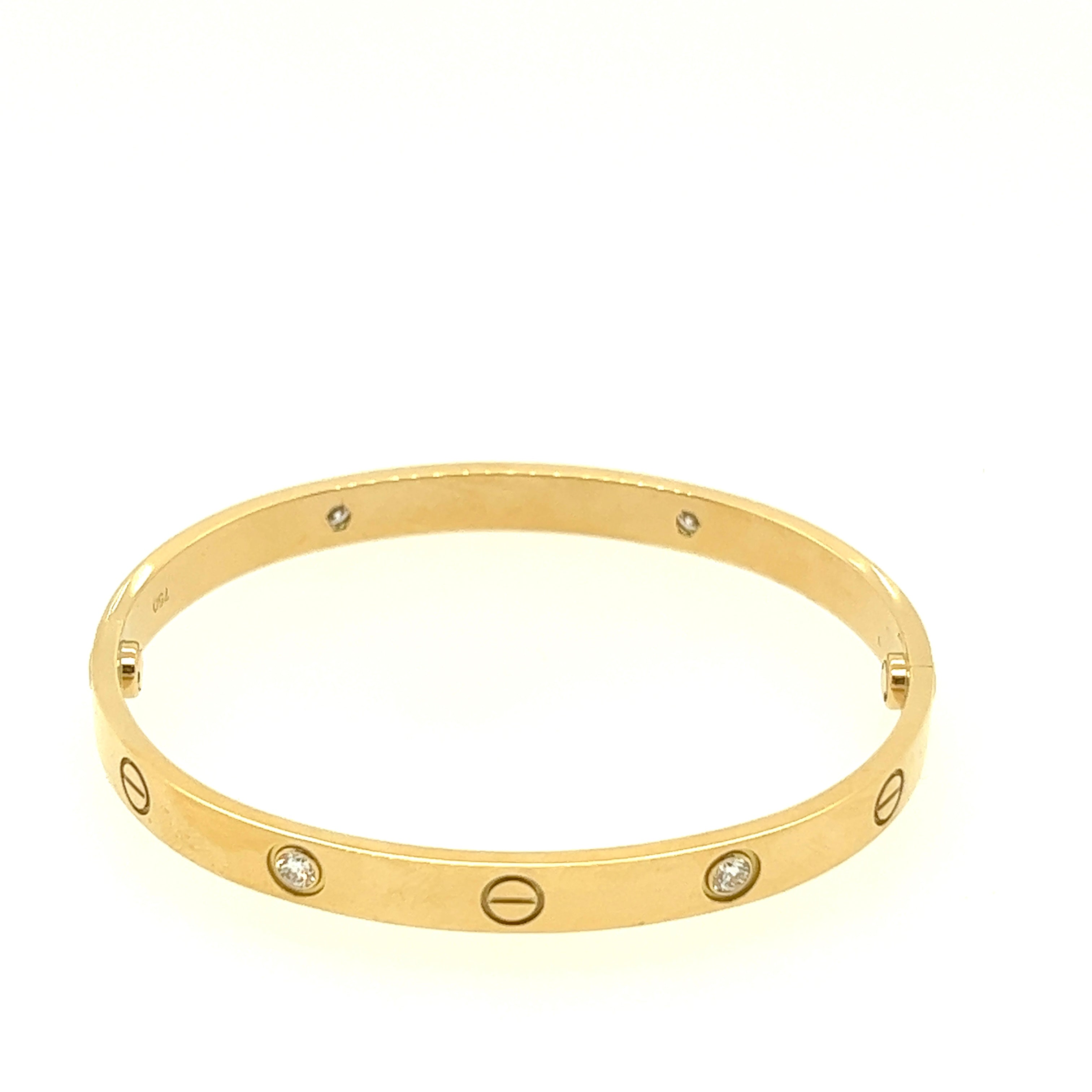 Cartier 18k yellow gold 4 diamond love bracelet Size 18